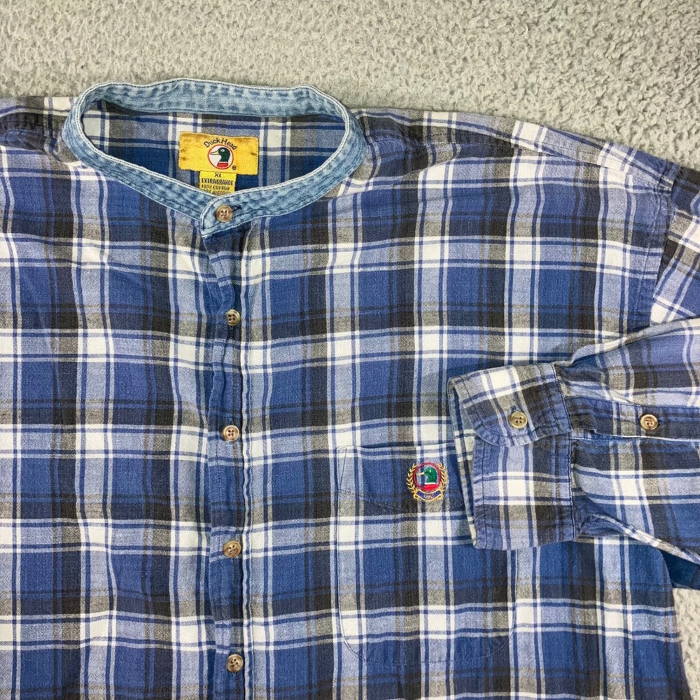 VTG Duck Head Shirt Men XL‎ Blue Plaid Denim Trim Mandarin Collar Button Up 90s